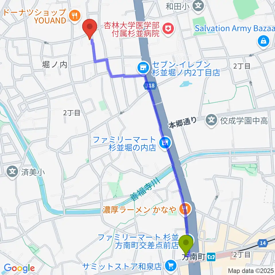 まつもと音楽教室の最寄駅方南町駅からの徒歩ルート（約13分）地図