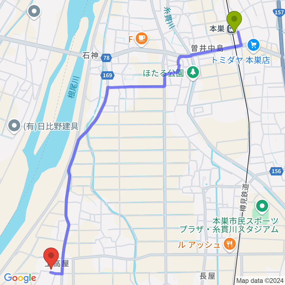 本巣駅からフリューゲルピアノ教室へのルートマップ地図