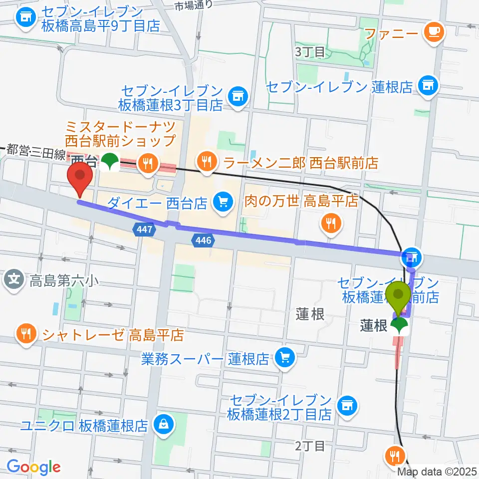 蓮根駅からマツモトピアノサービスへのルートマップ地図