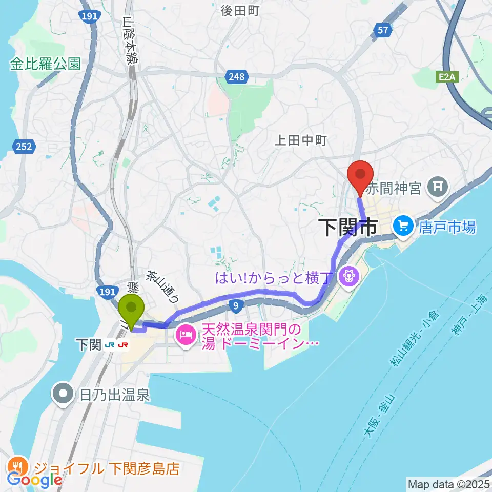 下関十字堂楽器店本店の最寄駅下関駅からの徒歩ルート（約34分）地図