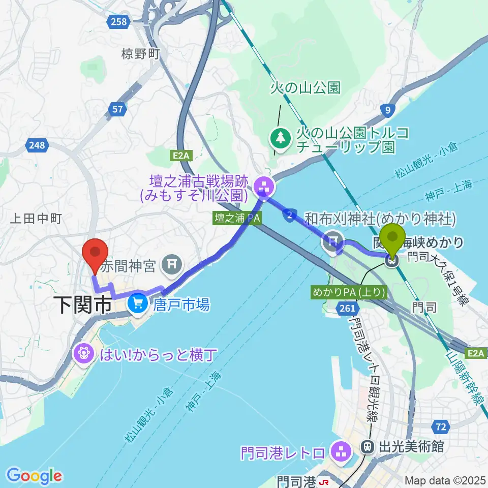 関門海峡めかり駅から下関十字堂楽器店本店へのルートマップ地図