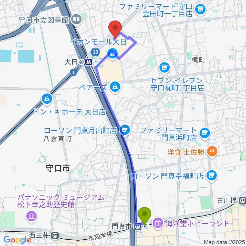 門真市駅から島村楽器 イオンモール大日店 へのルートマップ地図