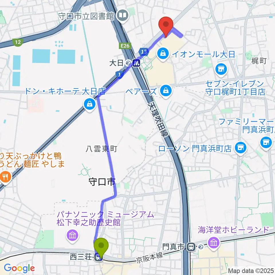 西三荘駅から島村楽器 イオンモール大日店 へのルートマップ地図