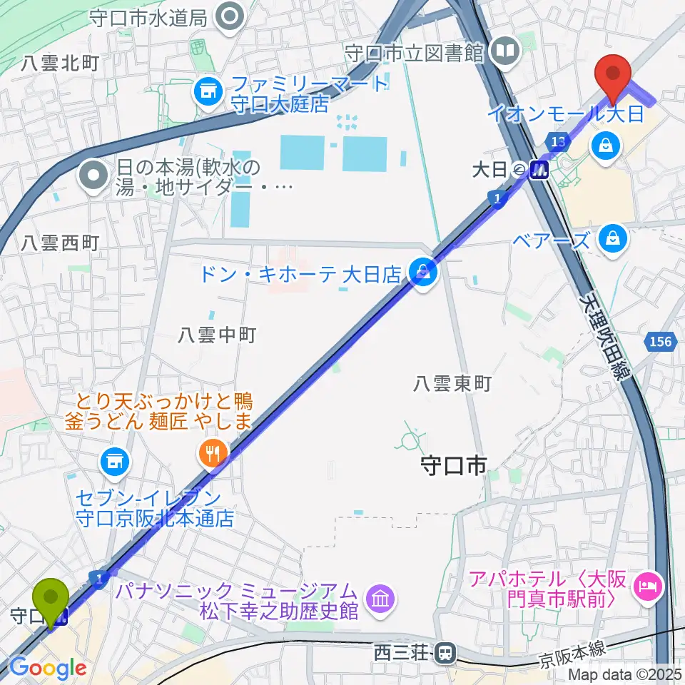 守口駅から島村楽器 イオンモール大日店 へのルートマップ地図