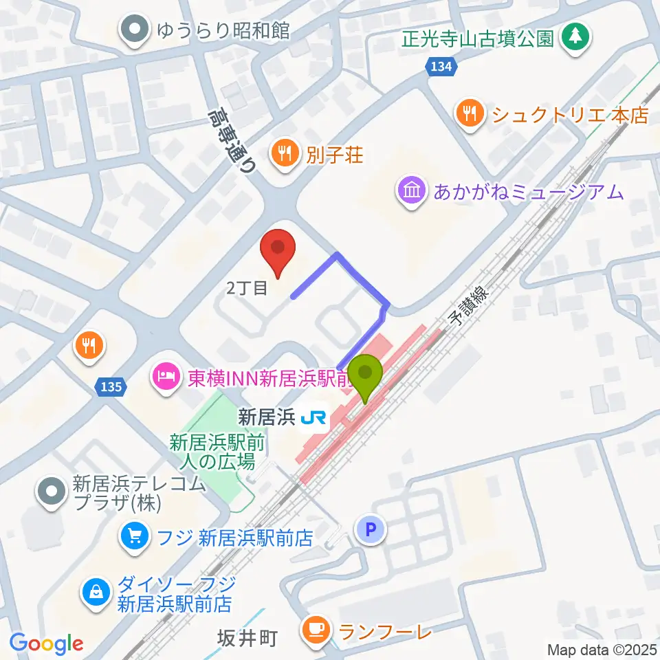新居浜センター ヤマハミュージックの最寄駅新居浜駅からの徒歩ルート（約2分）地図