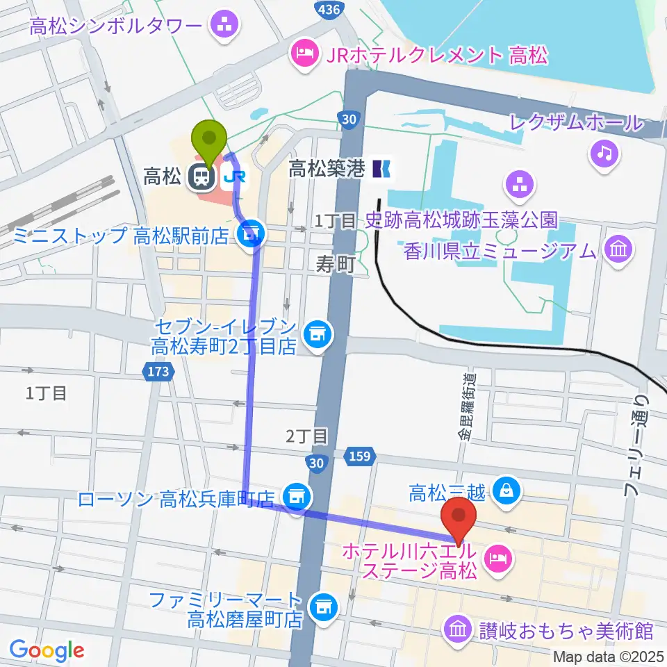 高松駅からミュージックアベニュー高松へのルートマップ地図