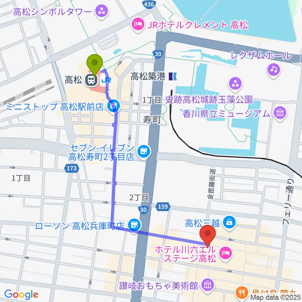 高松駅からミュージックアベニュー高松へのルートマップ地図