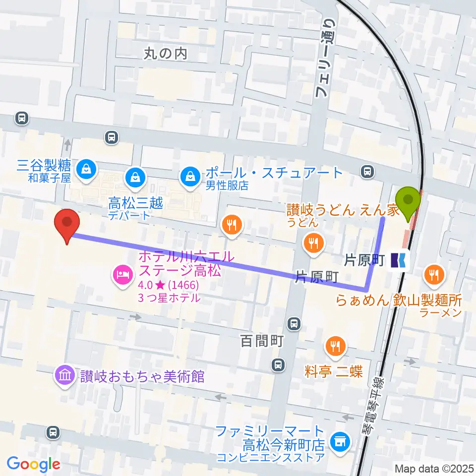 ミュージックアベニュー高松の最寄駅片原町駅からの徒歩ルート（約6分）地図