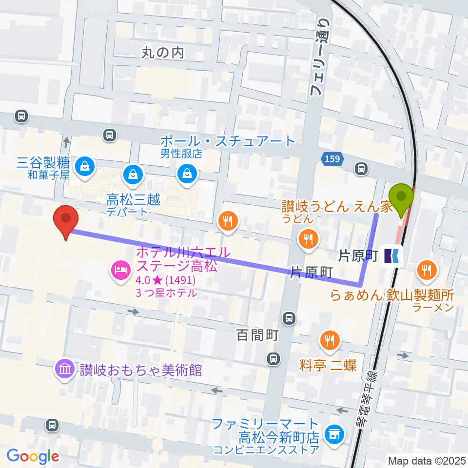 ミュージックアベニュー高松の最寄駅片原町駅からの徒歩ルート（約6分）地図