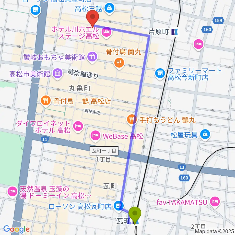 瓦町駅からミュージックアベニュー高松へのルートマップ地図