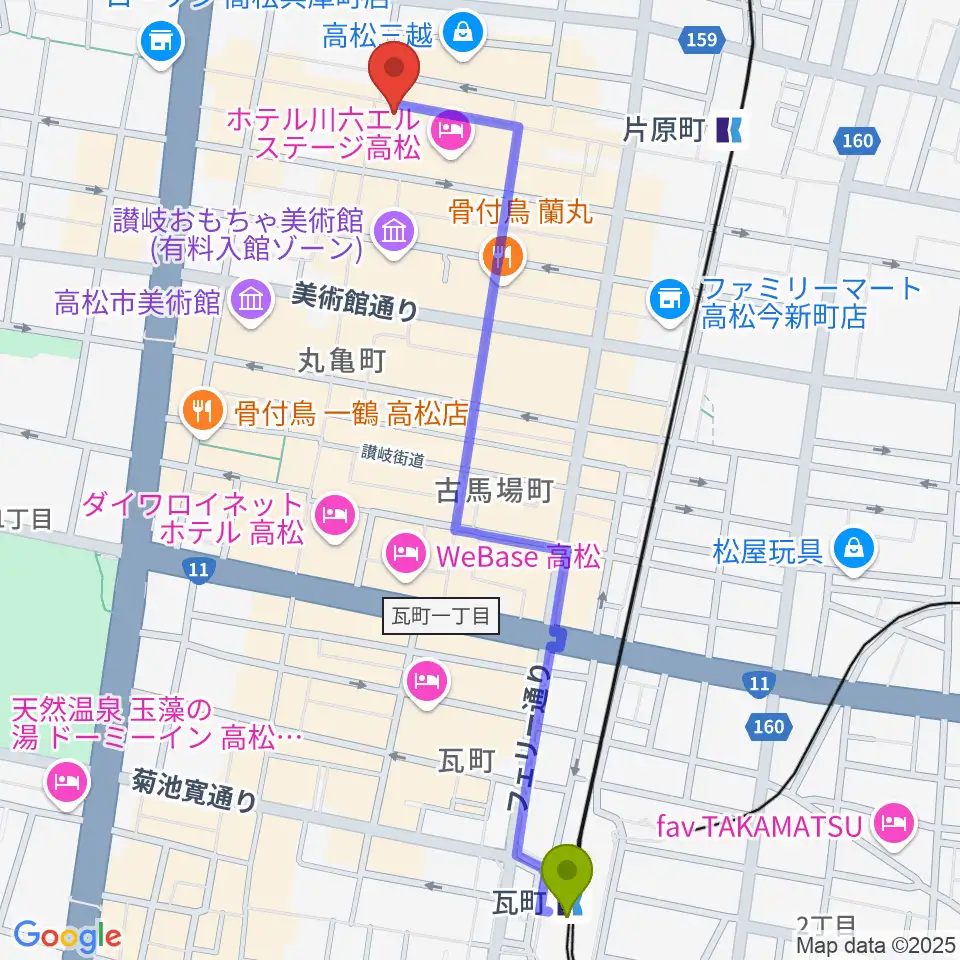 瓦町駅からミュージックアベニュー高松へのルートマップ地図