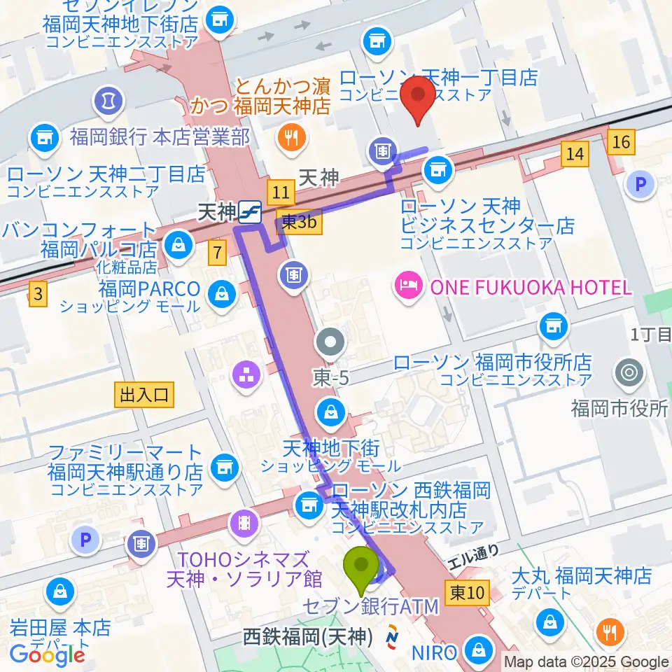 西鉄福岡（天神）駅から天神センター ヤマハミュージックへのルートマップ地図