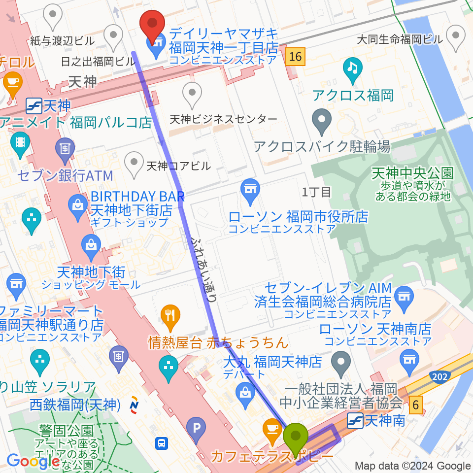 天神南駅から天神センター ヤマハミュージックへのルートマップ地図