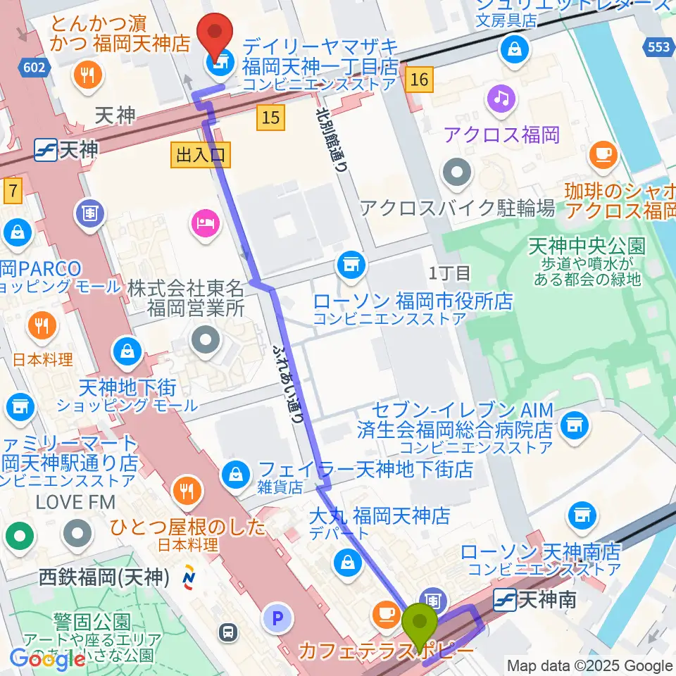 天神南駅から天神センター ヤマハミュージックへのルートマップ地図