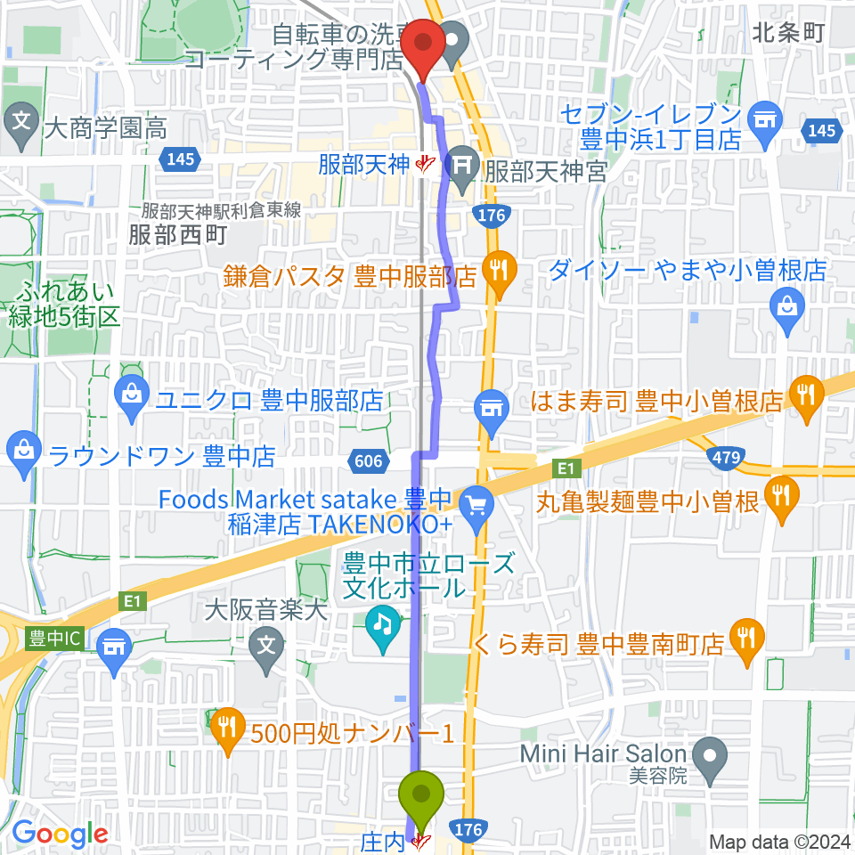 庄内駅から大野ギター音楽院へのルートマップ地図