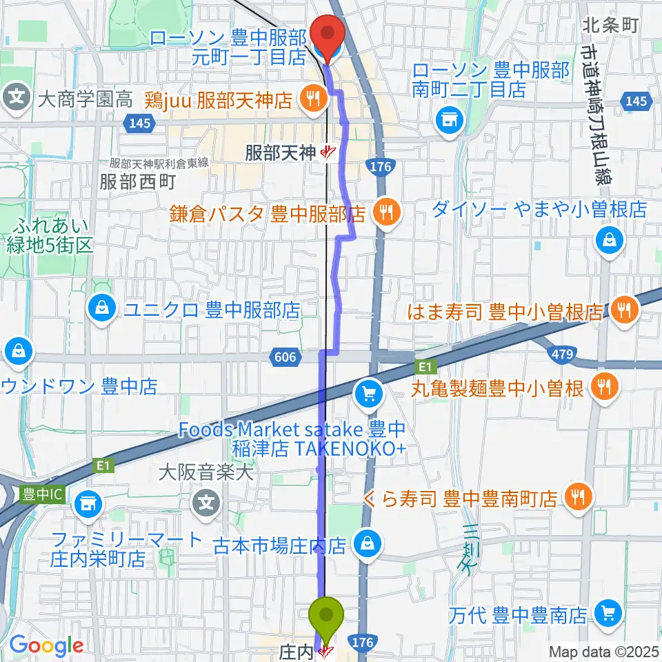 庄内駅から大野ギター音楽院へのルートマップ地図