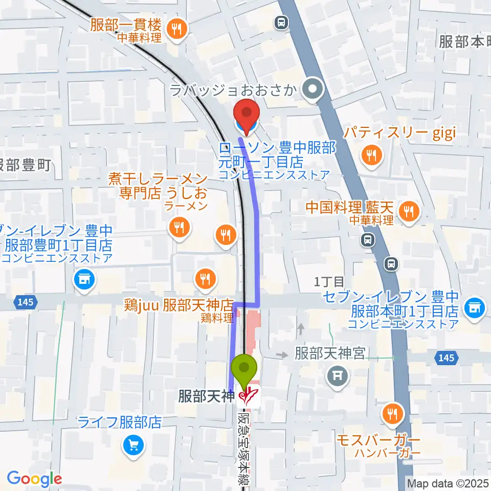 大野ギター音楽院の最寄駅服部天神駅からの徒歩ルート（約4分）地図