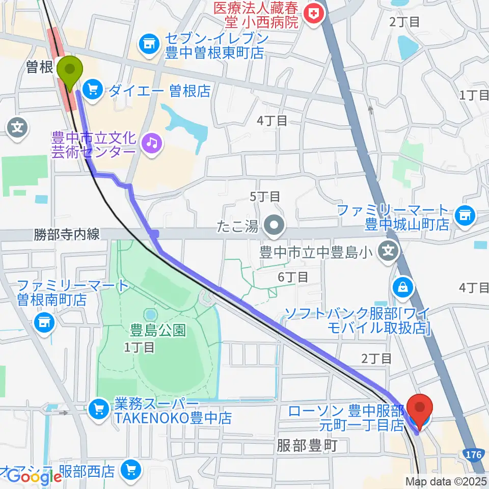 曽根駅から大野ギター音楽院へのルートマップ地図