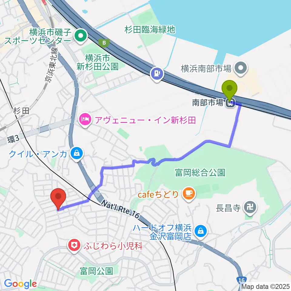 南部市場駅から水谷玲子ピアノ教室へのルートマップ地図