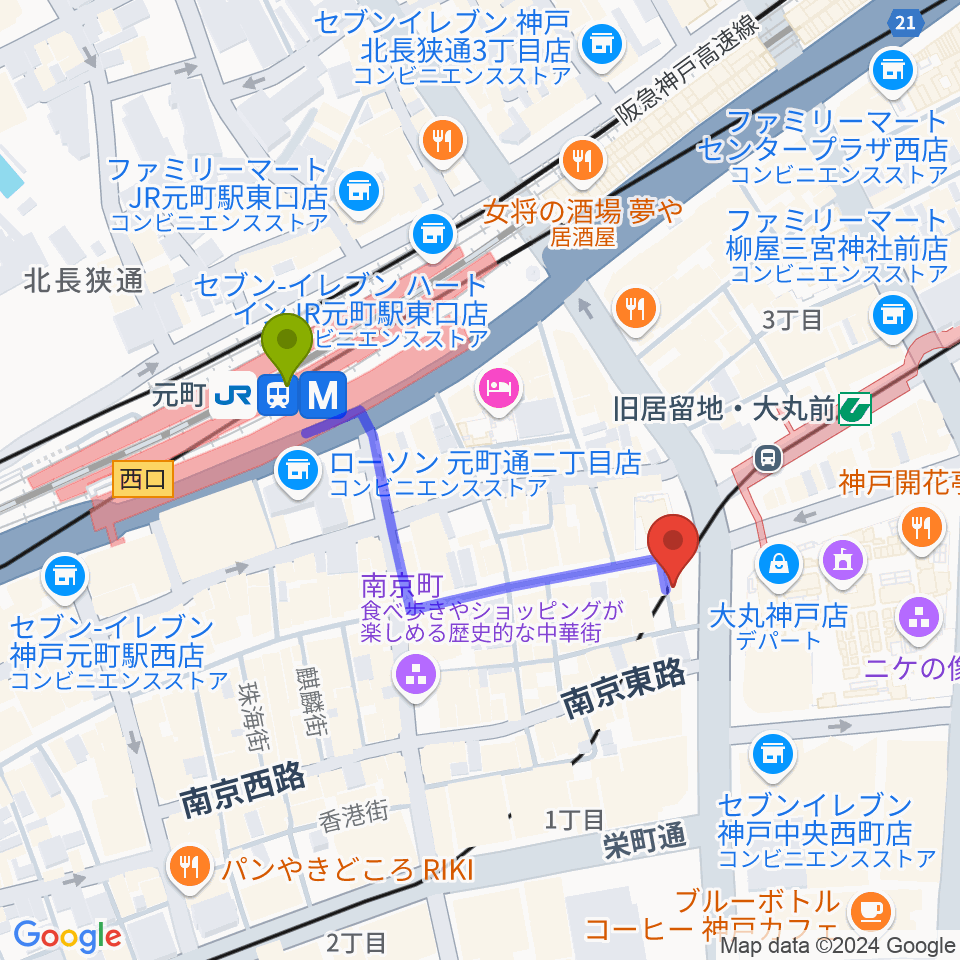 元町駅から国際楽器へのルートマップ地図