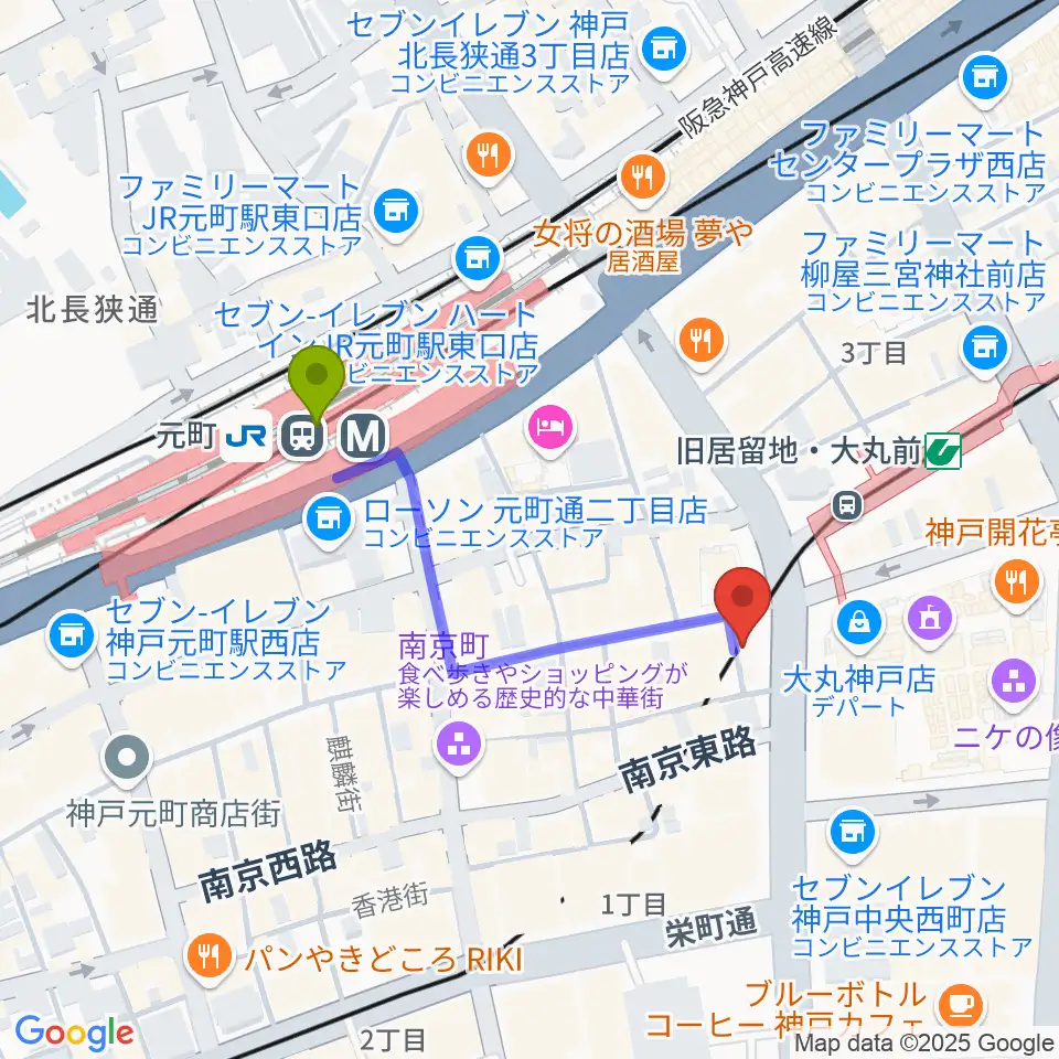 元町駅から国際楽器へのルートマップ地図