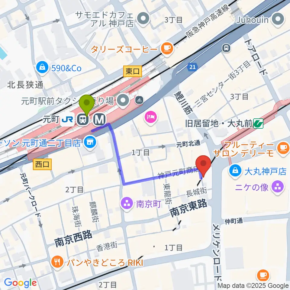 元町駅から国際楽器へのルートマップ地図