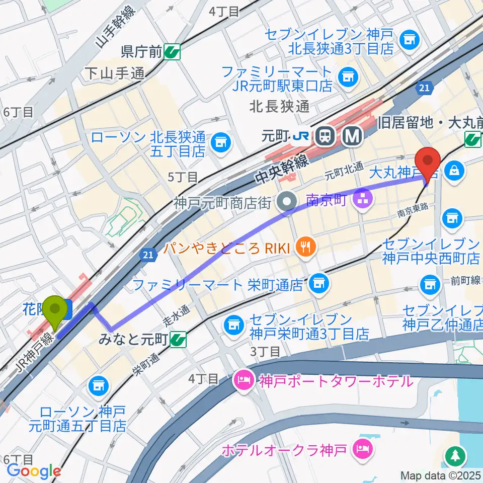 花隈駅から国際楽器へのルートマップ地図