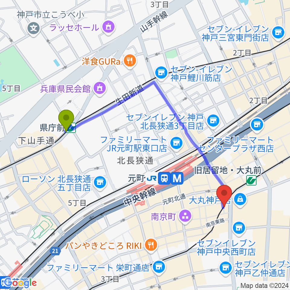 県庁前駅から国際楽器へのルートマップ地図