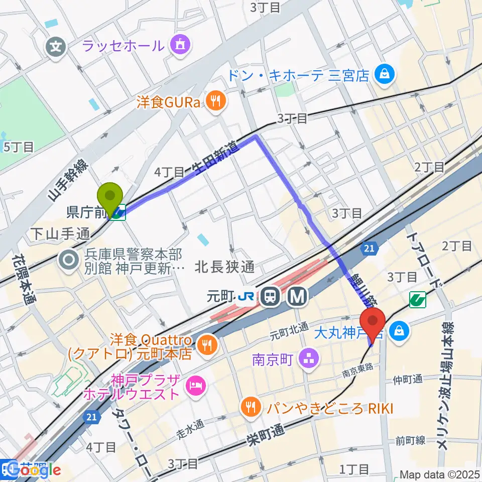 県庁前駅から国際楽器へのルートマップ地図