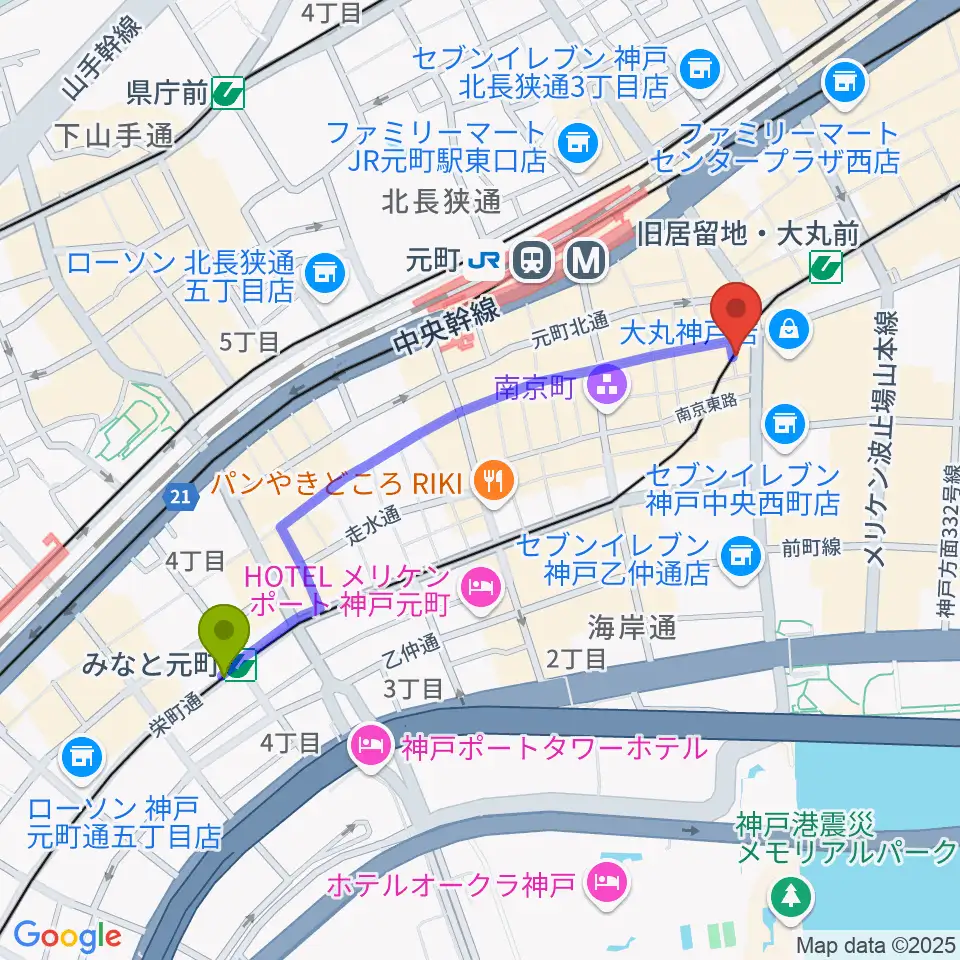 みなと元町駅から国際楽器へのルートマップ地図