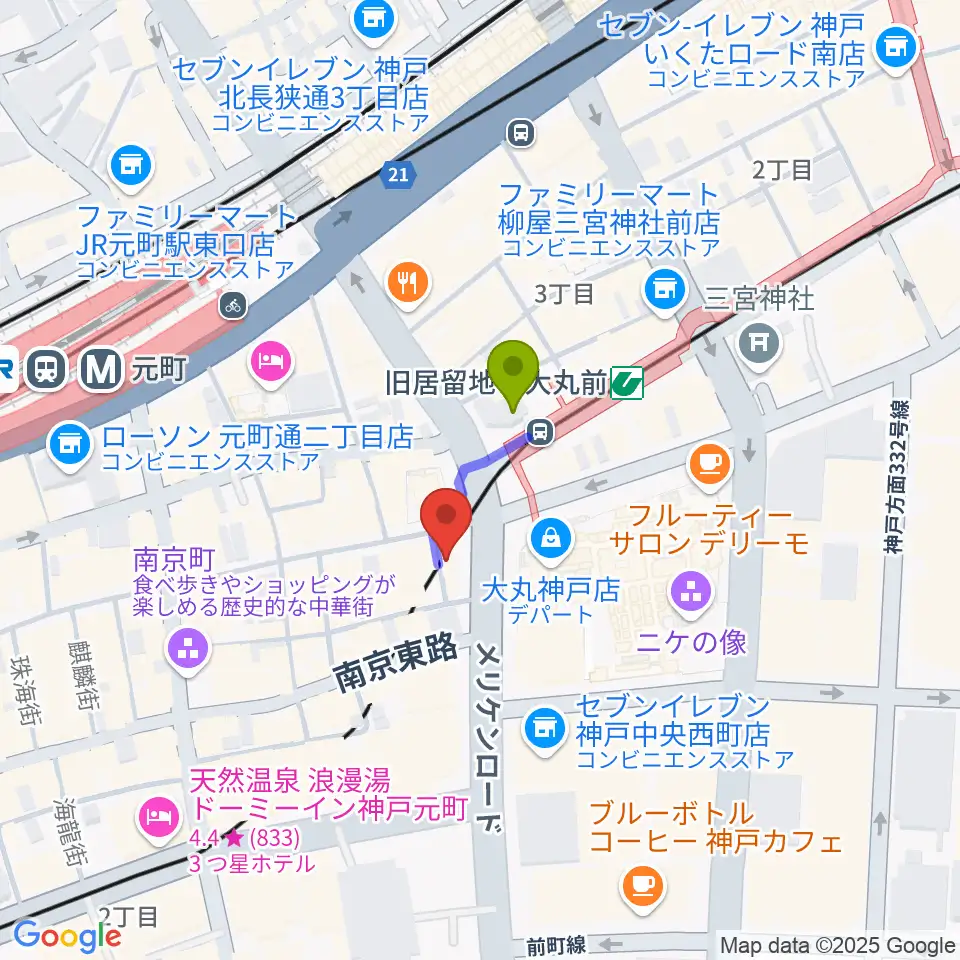 国際楽器の最寄駅旧居留地・大丸前駅からの徒歩ルート（約1分）地図