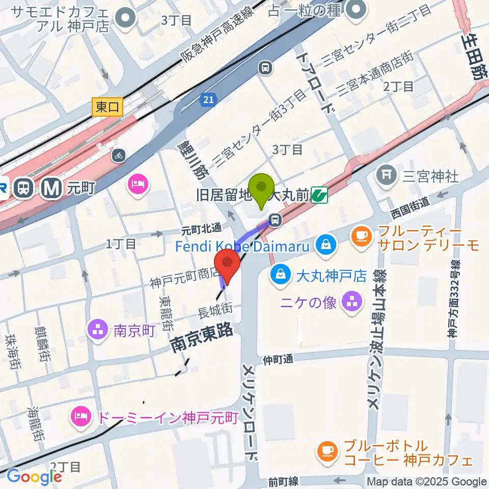 国際楽器の最寄駅旧居留地・大丸前駅からの徒歩ルート（約1分）地図