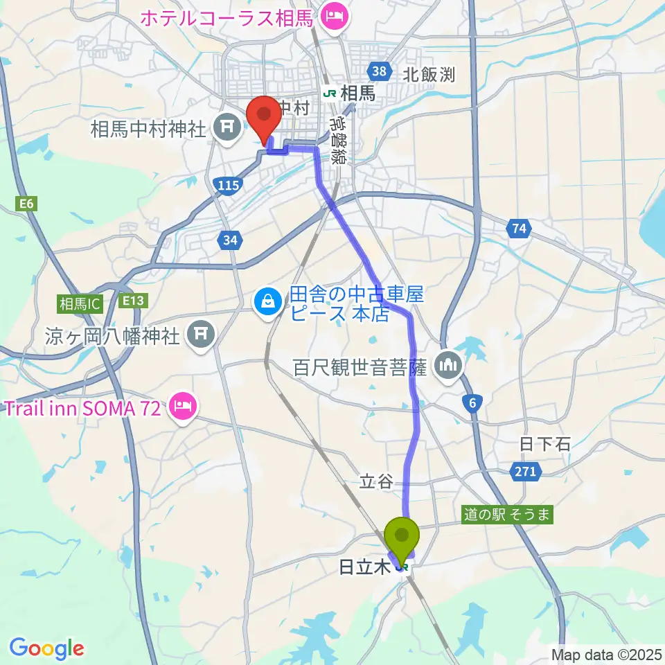 日立木駅からオアシス音楽センター（相馬センター）へのルートマップ地図