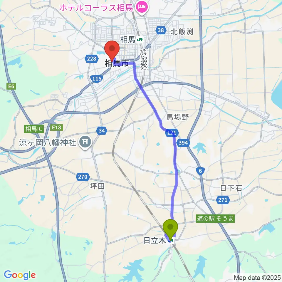 日立木駅からオアシス音楽センター（相馬センター）へのルートマップ地図