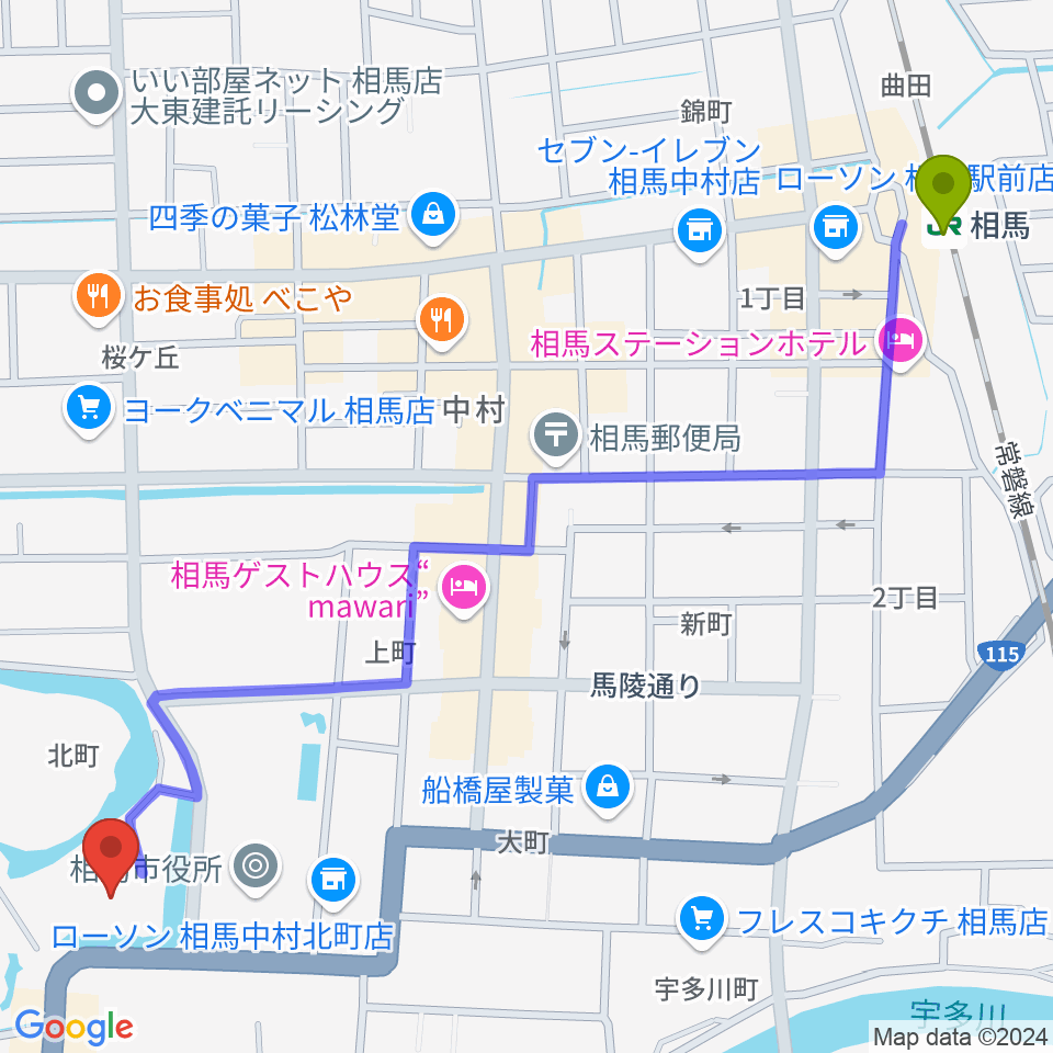 オアシス音楽センター（相馬センター）の最寄駅相馬駅からの徒歩ルート（約15分）地図