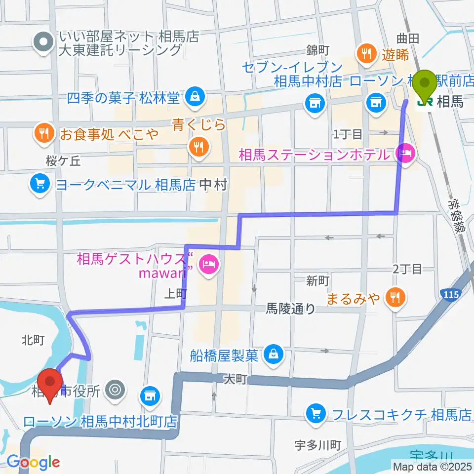 オアシス音楽センター（相馬センター）の最寄駅相馬駅からの徒歩ルート（約15分）地図
