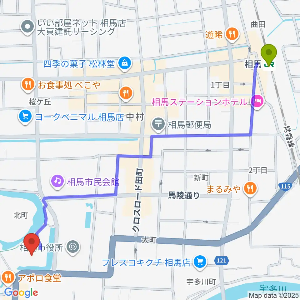 オアシス音楽センター（相馬センター）の最寄駅相馬駅からの徒歩ルート（約15分）地図