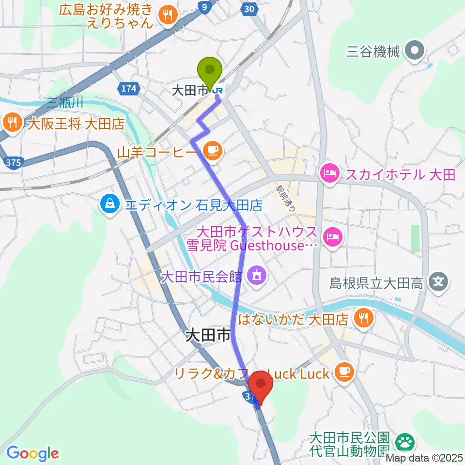 ナガイ音楽教室の最寄駅大田市駅からの徒歩ルート（約21分）地図