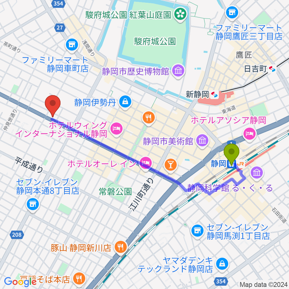 静岡駅から山崎音楽教室へのルートマップ地図