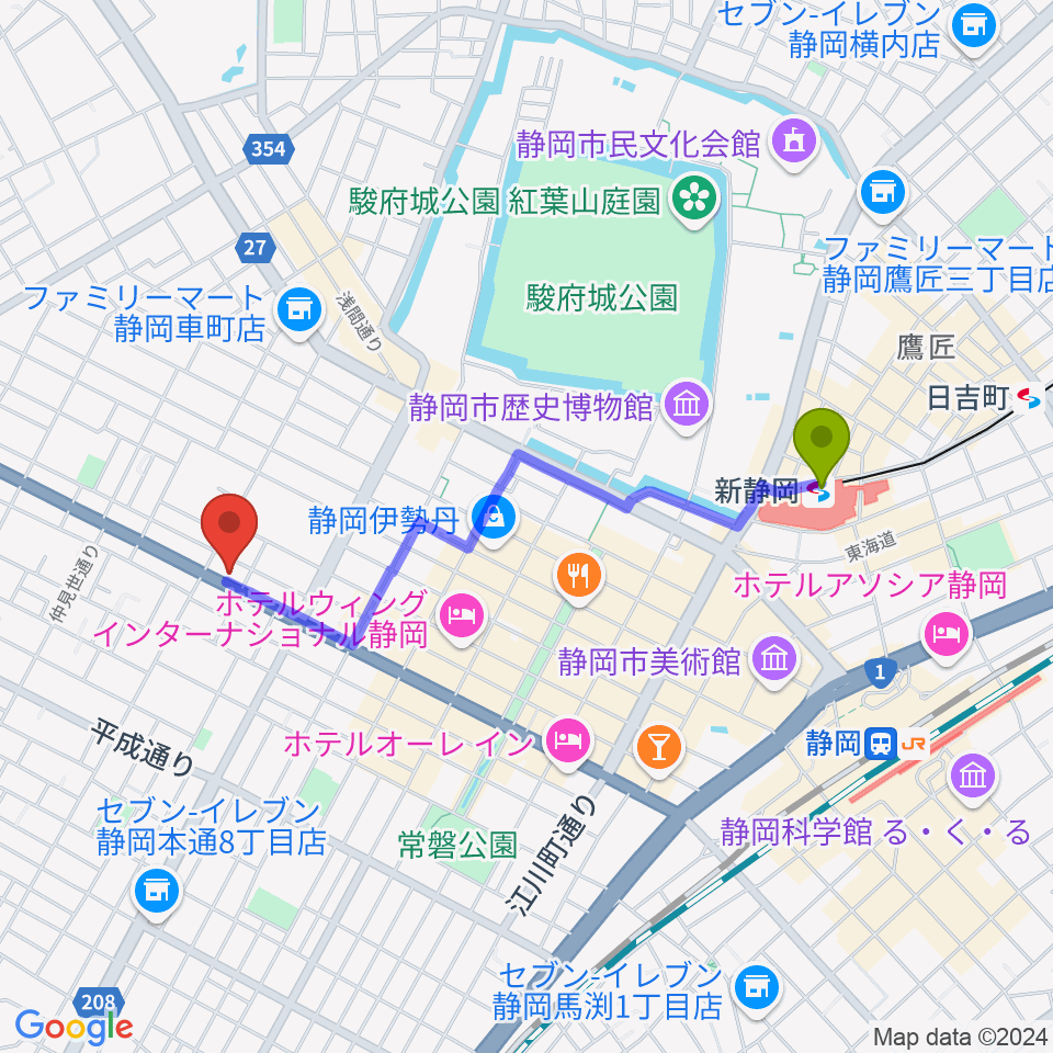 山崎音楽教室の最寄駅新静岡駅からの徒歩ルート（約18分）地図