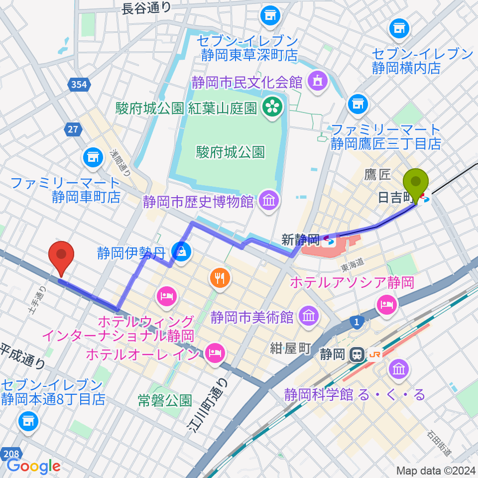 日吉町駅から山崎音楽教室へのルートマップ地図