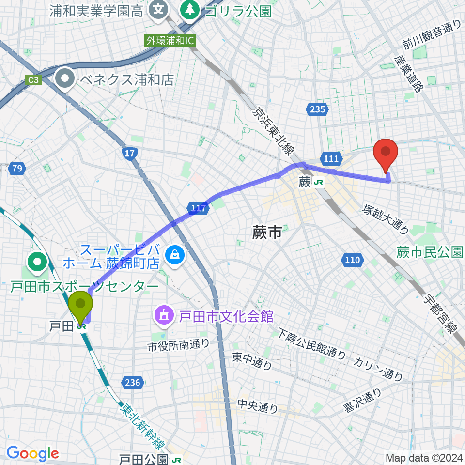 戸田駅からおざきピアノ教室へのルートマップ地図