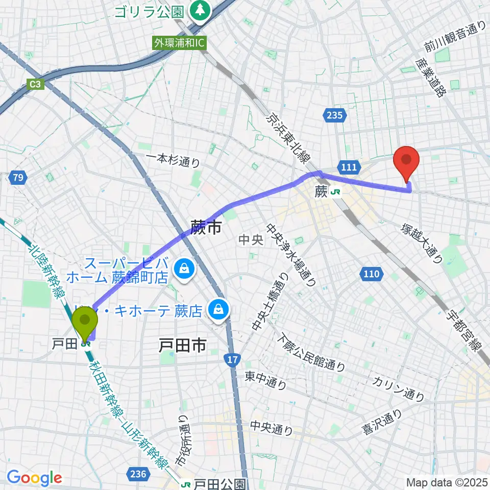 戸田駅からおざきピアノ教室へのルートマップ地図