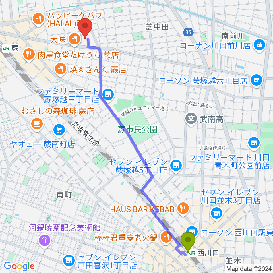 西川口駅からおざきピアノ教室へのルートマップ地図