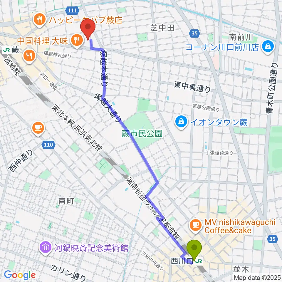 西川口駅からおざきピアノ教室へのルートマップ地図