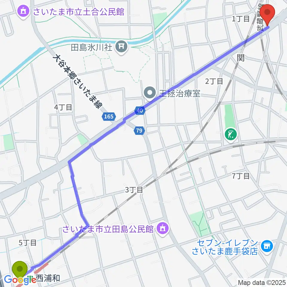 西浦和駅から小林ピアノ教室へのルートマップ地図