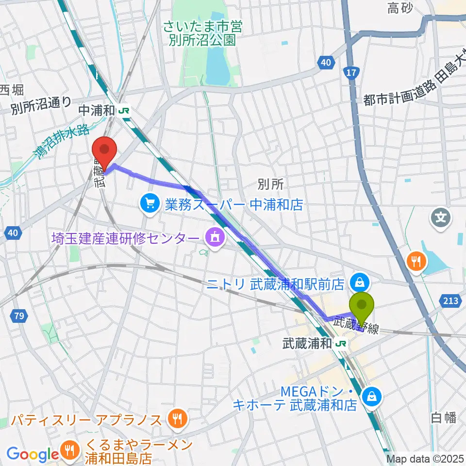 武蔵浦和駅から小林ピアノ教室へのルートマップ地図