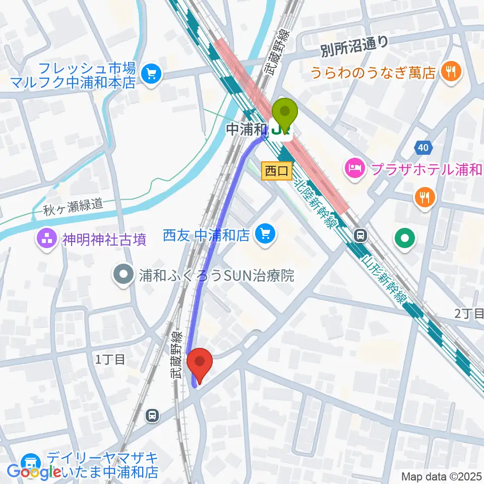 小林ピアノ教室の最寄駅中浦和駅からの徒歩ルート（約4分）地図