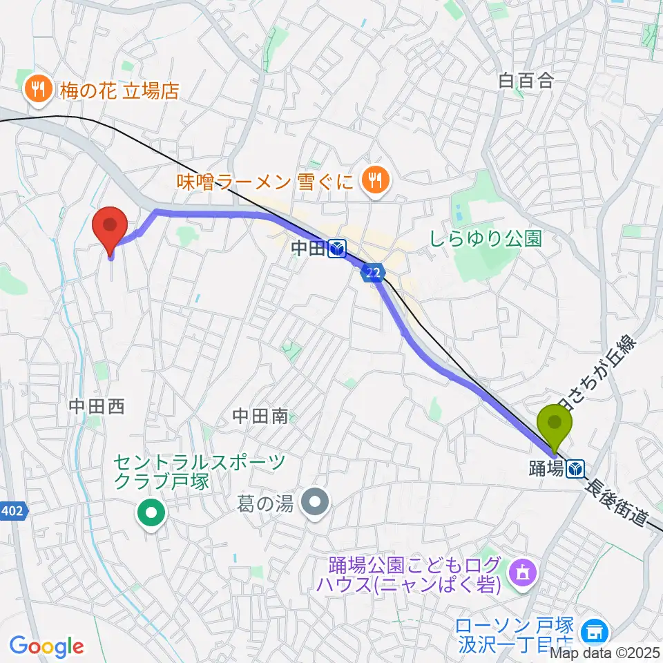 踊場駅からのじま音楽教室へのルートマップ地図