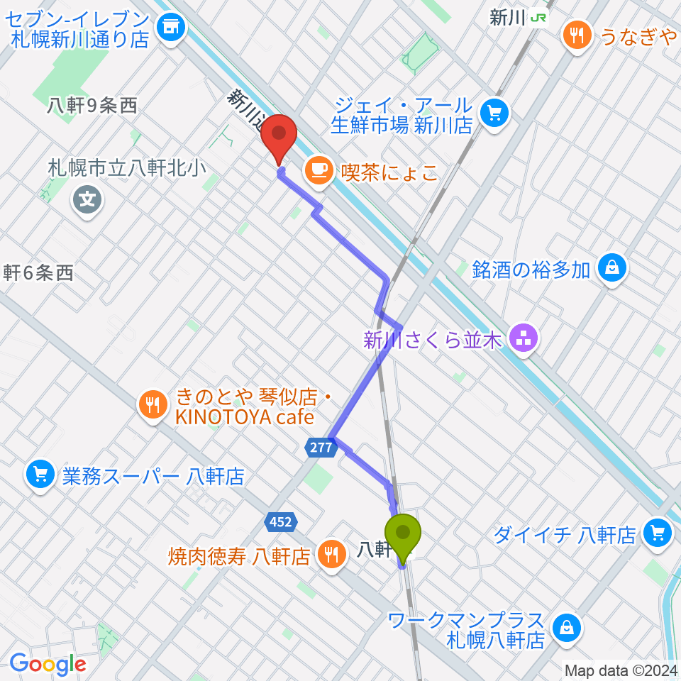 八軒駅から山下ぴあの・えれくとーん教室へのルートマップ地図